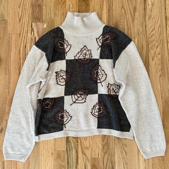 Vintage Y2K Checkered Fall Leaves Mock Neck Neutral Sweater Sz S - Picture 1 of 5